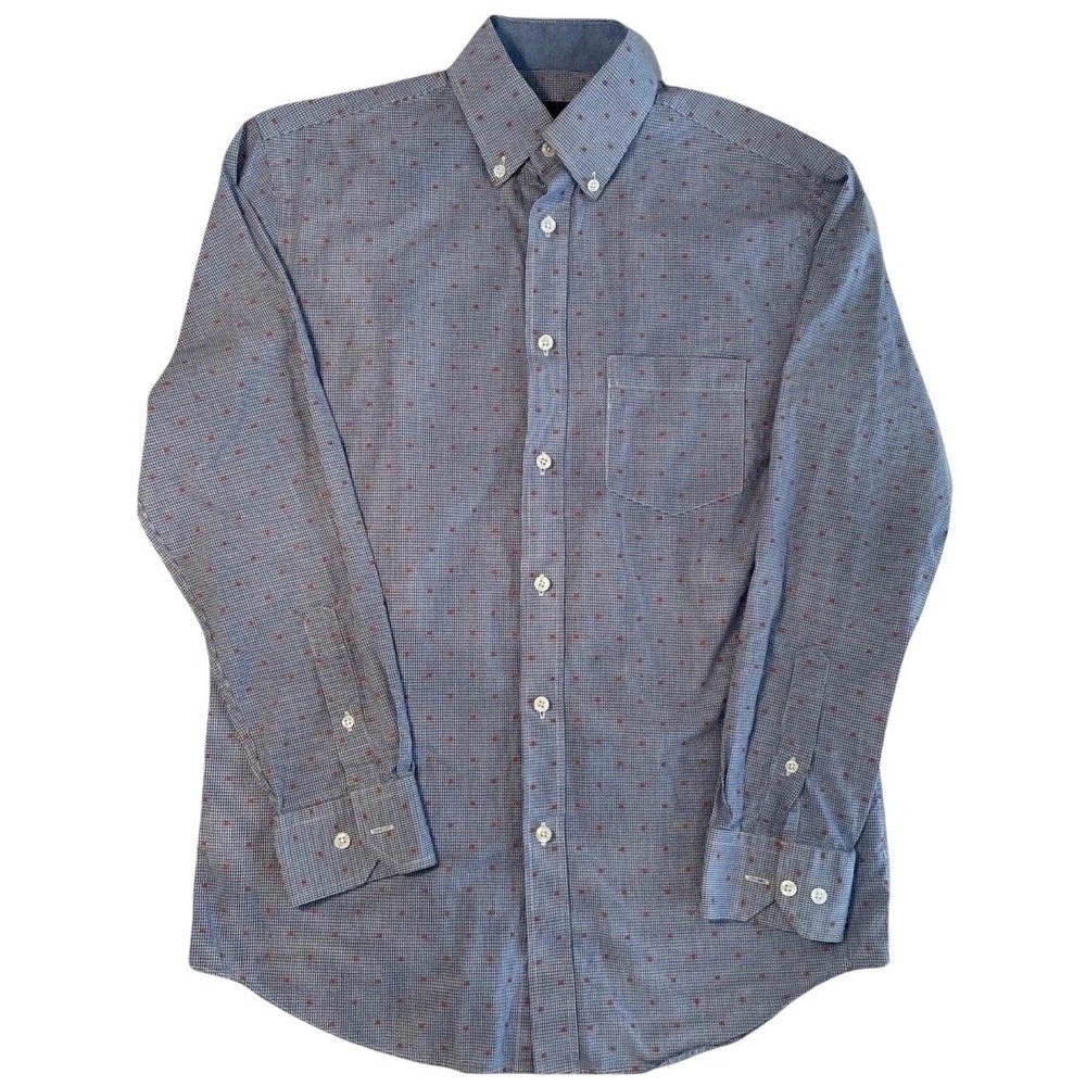 Charleston Threads Button Down Shirt Mens Small‎ Blue Gingham Cotton Embroidered